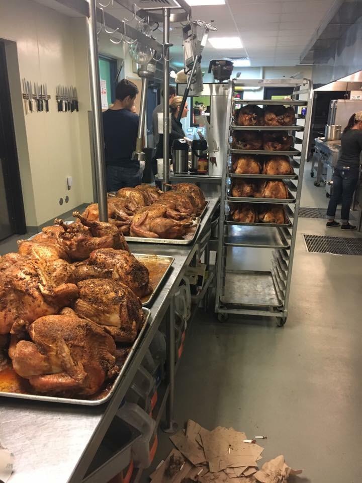 Volunteers cooked 46 turkey and trimmings yesterday to be served to ~800 less fortunate guests.