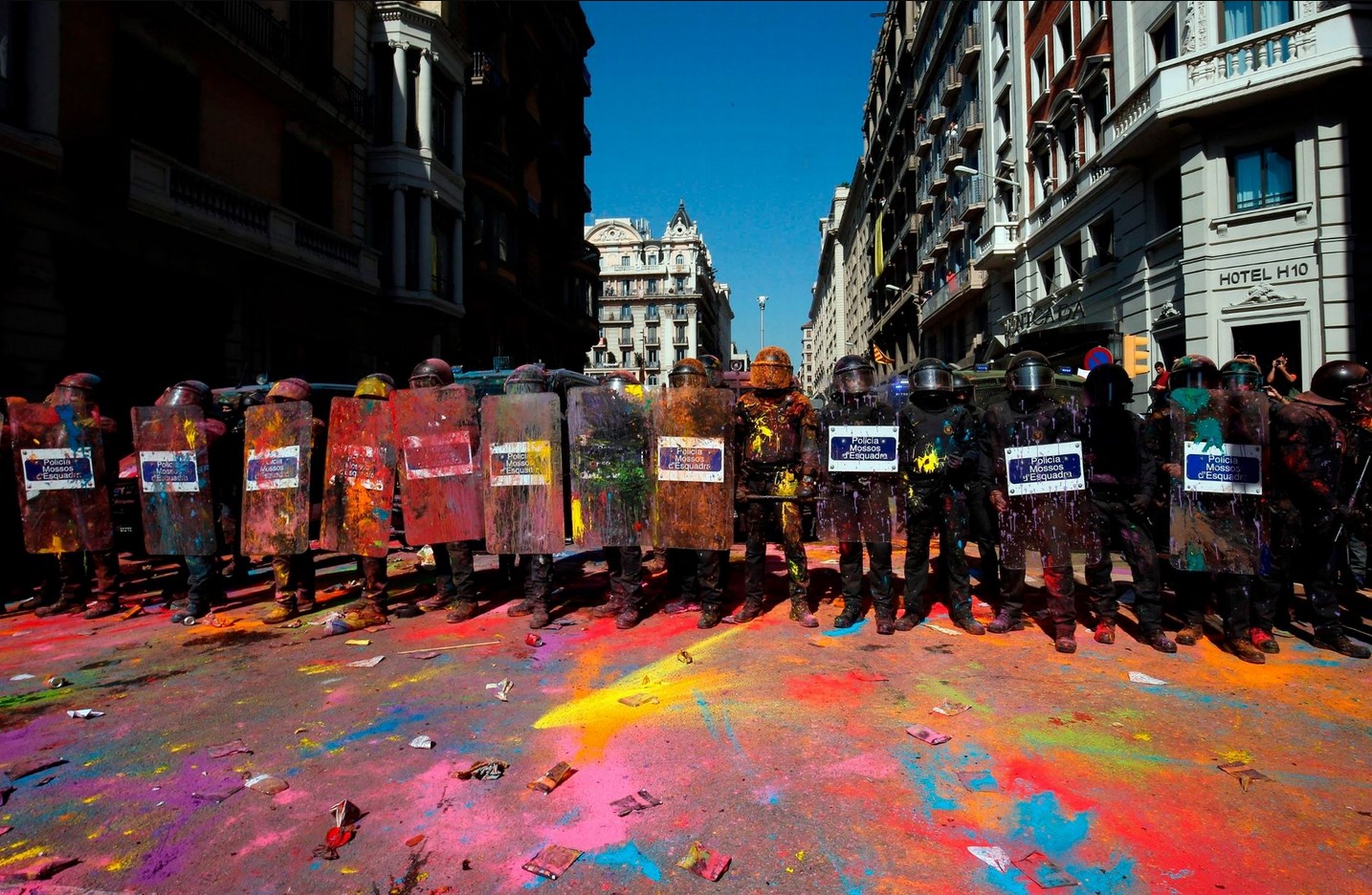 Protesters in Barcelona are using their artistic abilities...