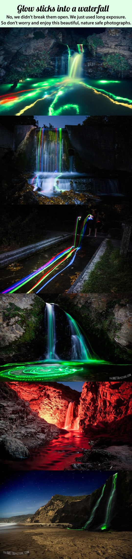 Glow sticks in a waterfall.