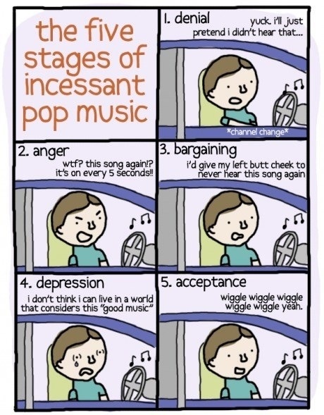 The five stages of incessant pop music. 