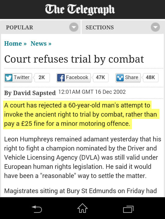 Court refuses trial by combat...