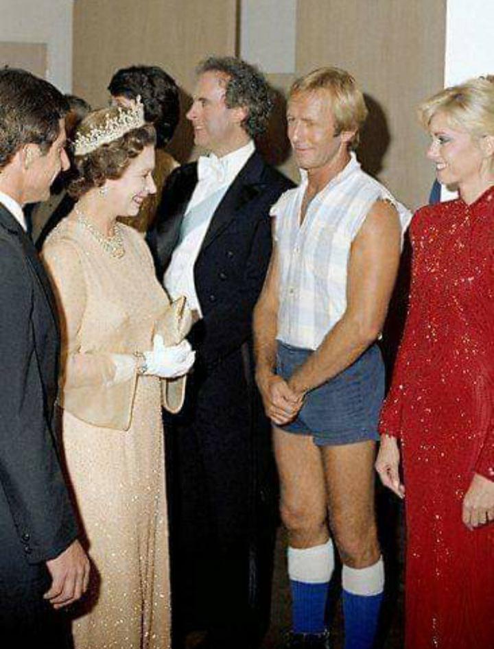 Crocodile Dundy meeting the Queen, circa 1985.