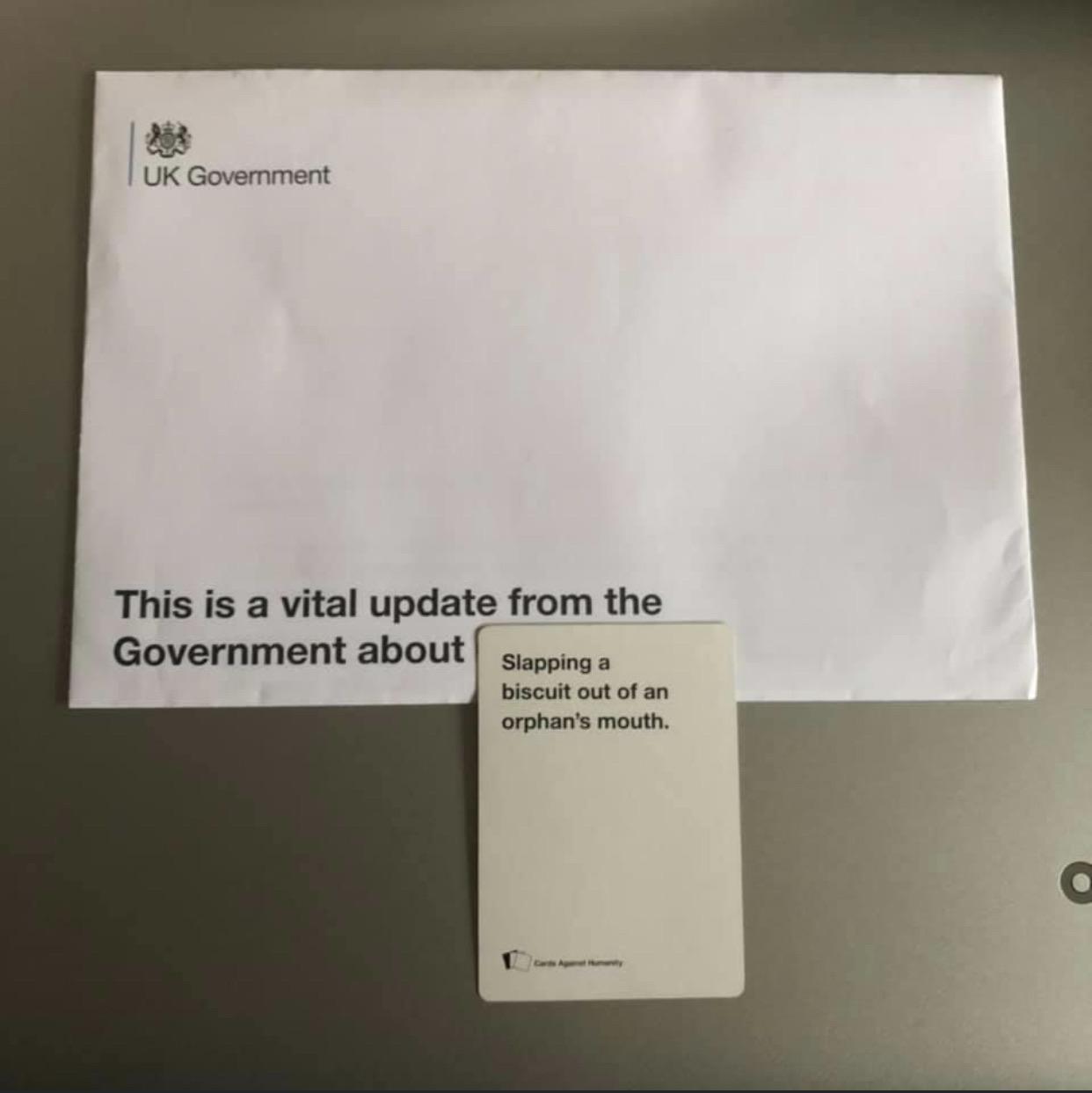 Turns out the UK government use the same font as cards against humanity.