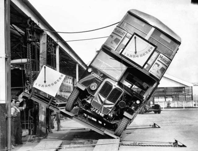 This is how they proved Londons Double-decker buses were not a tipping hazard, circa 1933. 