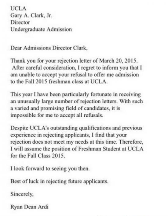'Thank you for your rejection' letter to UCLA director