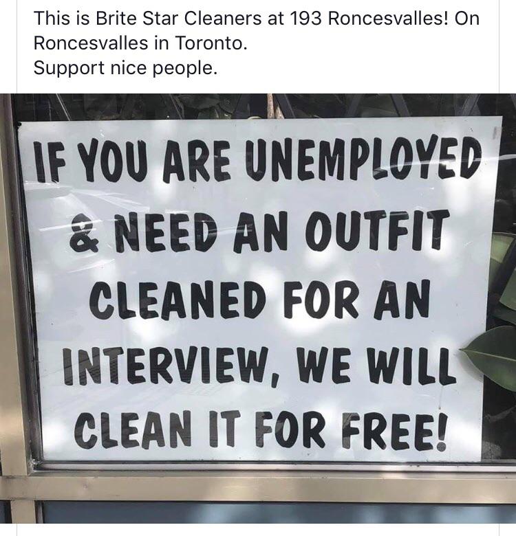 Dry cleaners on Roncesvalles in Toronto are sorry they couln't help more...