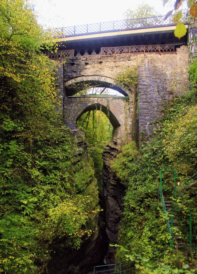 The Devil's Bridge in Ceredigion, Wales, is made up of three generations of bridges.