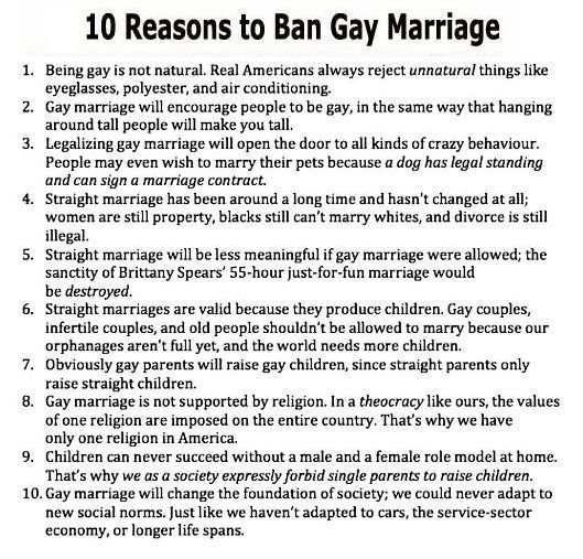 10 reasons to ban gay marriage.