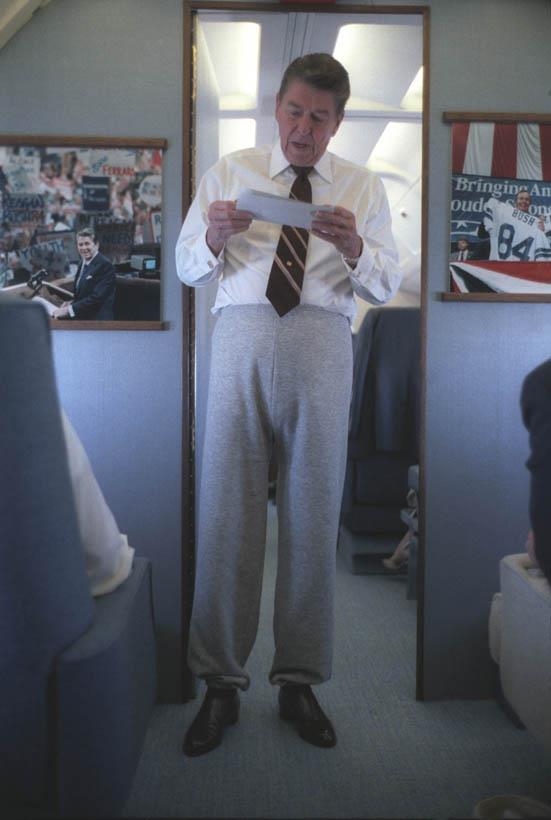 Ronald Reagan wearing sweatpants while traveling on Air Force One.