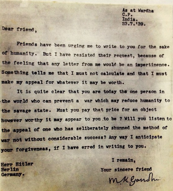 A letter from Gandhi to Hitler, written a month before the latter invaded Poland and started WWII