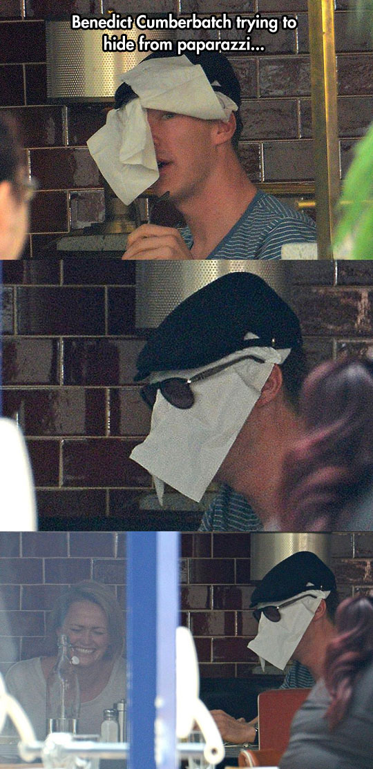 Benedict Cumberbatch hiding from paparazzi.