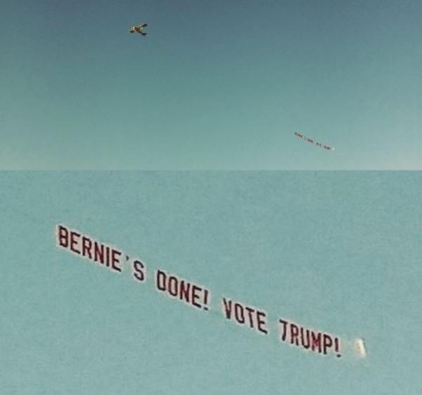 Banner being flown over the Bernie rally yesterday