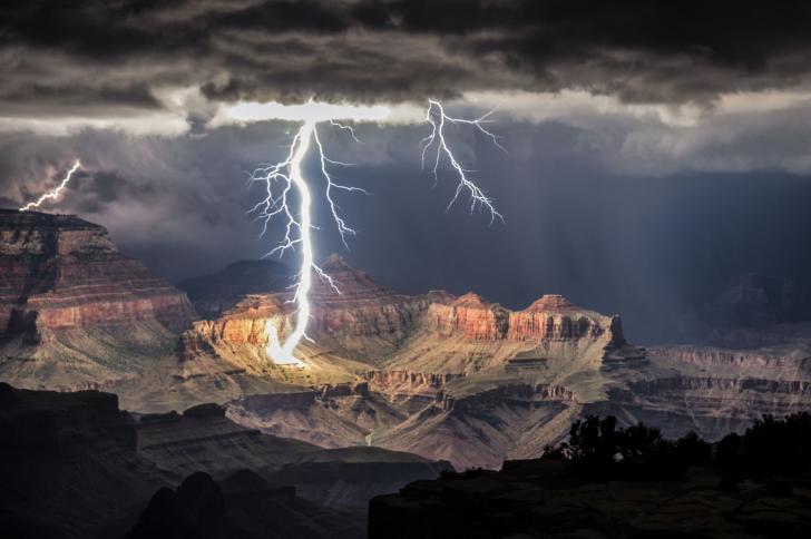 The Grand Canyon lit only by lightning