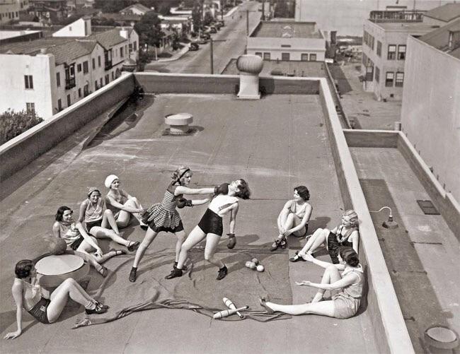 Women boxing on a roof in LA, circa 1933