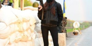 Armed girl at checkpoint, Ukraine 2014