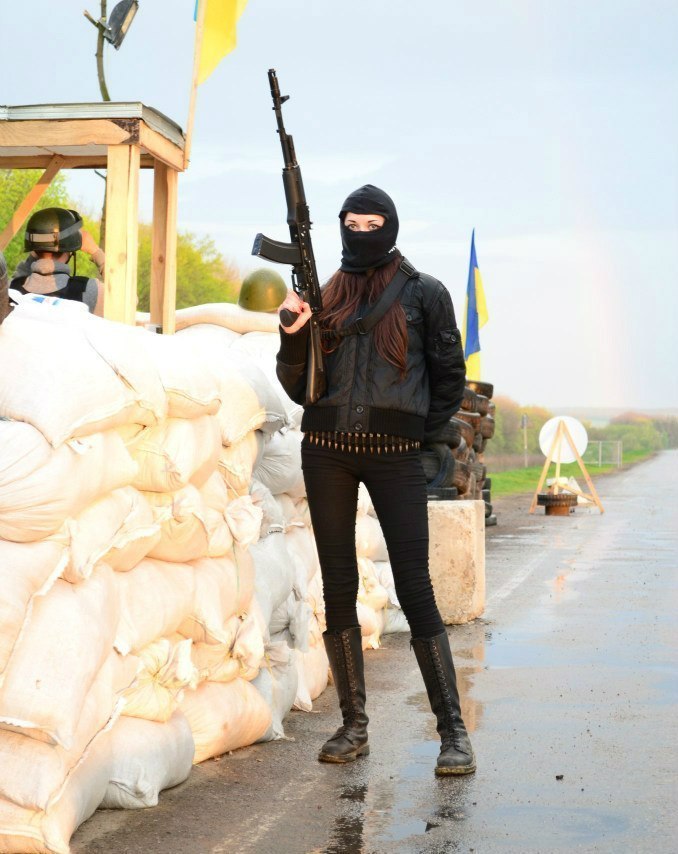 Armed girl at checkpoint, Ukraine 2014