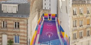 A bright, candy-colored basketball court in Paris
