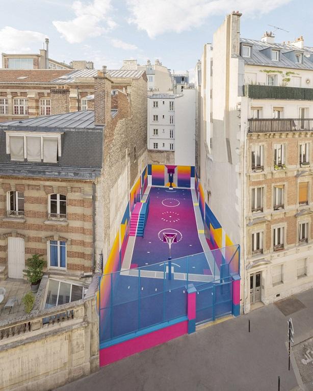 A bright, candy-colored basketball court in Paris