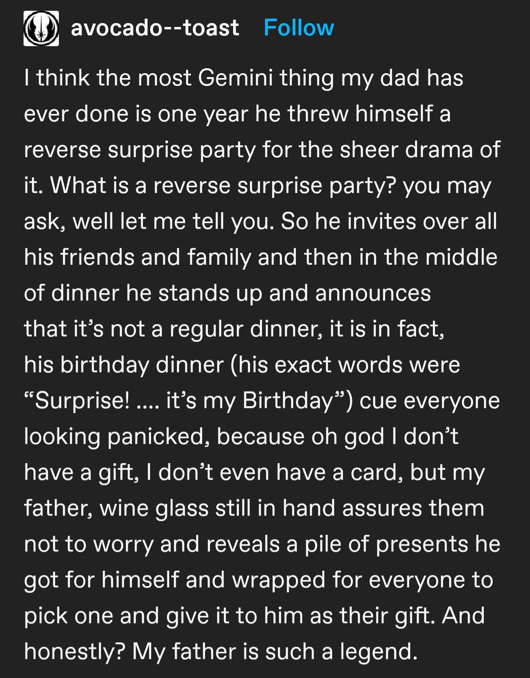 Reverse surprise party sounds nice, actually.