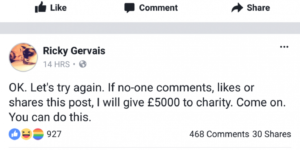 Ricky Gervais trying to give money to charity?