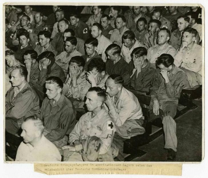 German soldiers in an American prison forced to watch a film of German concentration camp.