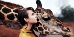 A girl and a giraffe.