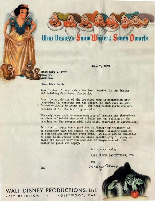 Disney rejection letter to woman who applied for job in 1930's.
