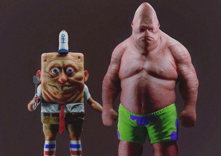 Hyper-realistic Patrick and Spongebob art