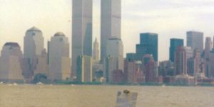 A man painting the Twin Towers. 1980-1990