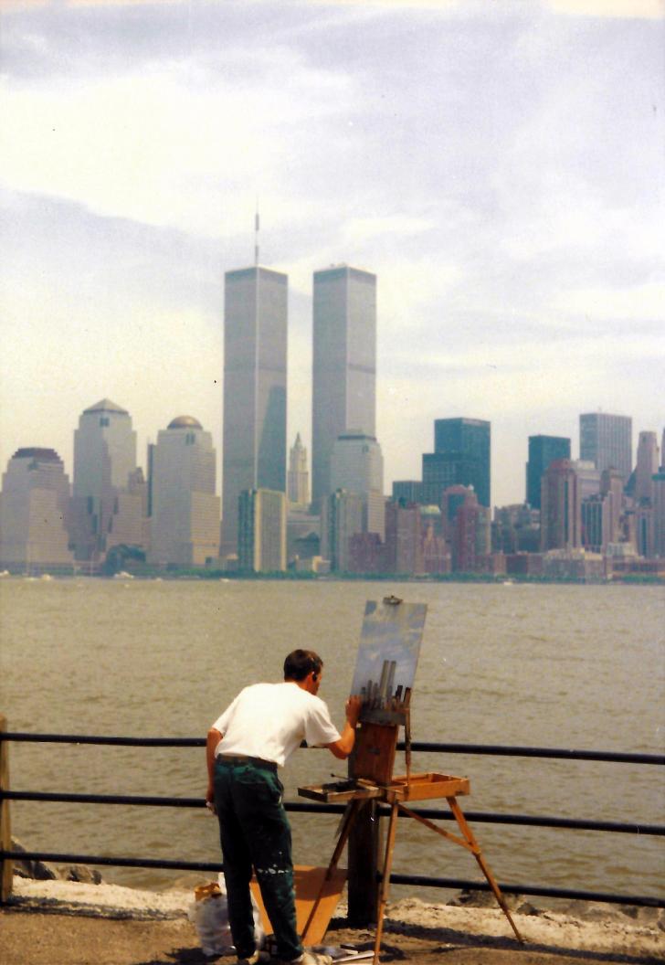 A man painting the Twin Towers. 1980-1990