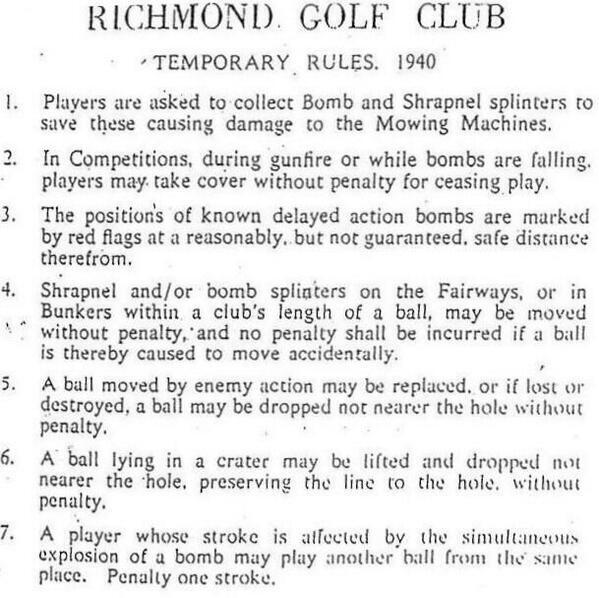 Temporary rules posted at Richmond Golf Club after German bombs hit the course in 1940.