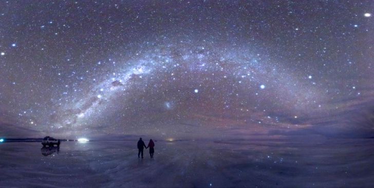 Night sky reflected in Salar de Uyuni, a large salt flat in Bolivia