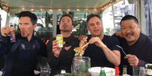 Doctor Strange, Iron Man, The Hulk, and Wong having dinner.