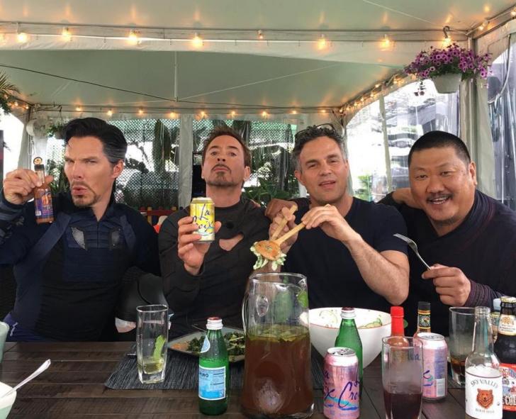 Doctor Strange, Iron Man, The Hulk, and Wong having dinner.