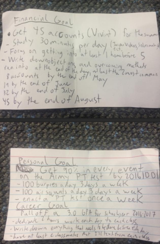 To the dude that lost an index card in the Denver airport entitled ‘Personal / Financial Goals’, here’s your list. Keep going brother you got this.
