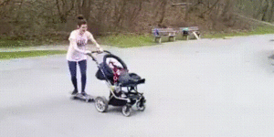 Mom kickflips while pushing stroller