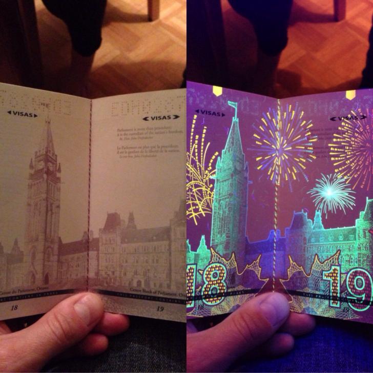 Take a Canadian passport and put it under a black light, then sit back and watch the fireworks
