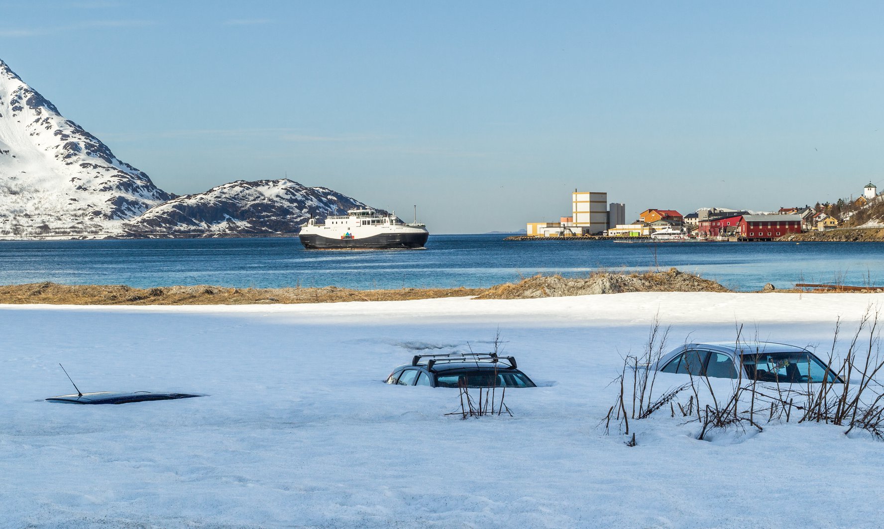Signs of spring in Ã˜ksfjord, Norway. The cars are beginning to show up again.