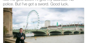 Andre Walker, wielding a sword, challenges ISIS to take him on in a fight for Â£50,000