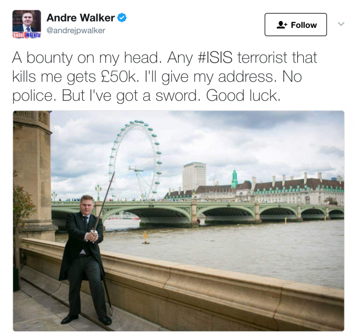 Andre Walker, wielding a sword, challenges ISIS to take him on in a fight for Â£50,000