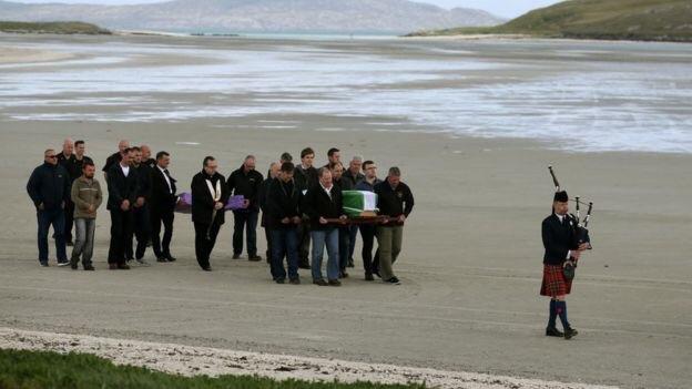 14 year old Manchester attack victim Eilidh MacLeod is piped home across the beach on the island of Barra, Scotland