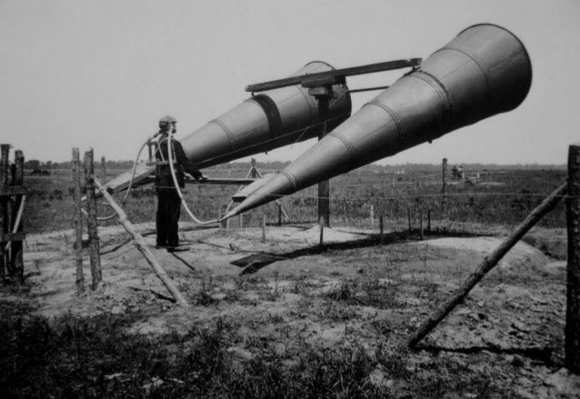 A French soldier listening for incoming aircraft circa WWI.