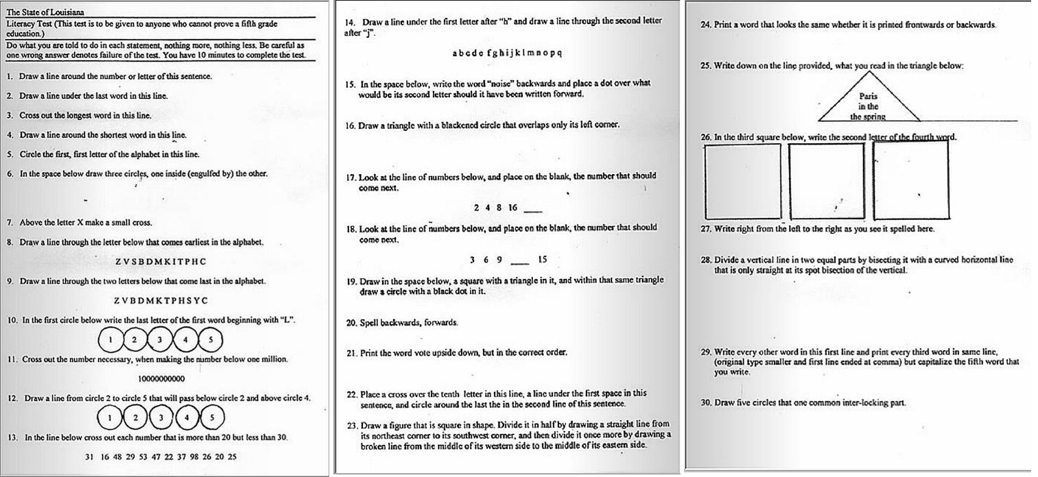 Louisianas literacy test designed to keep certain people from voting, circa 1870.