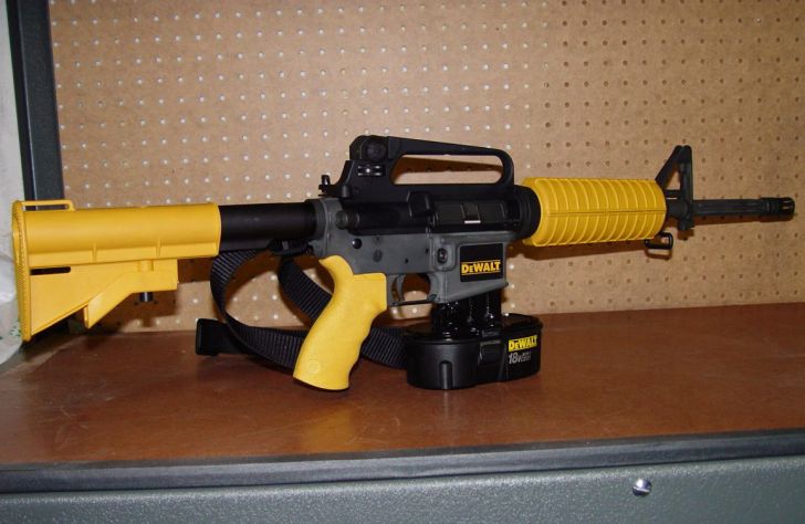 DeWalts Ar-15 nail gun can shoot a 6-D nail thru a 2 X 4 at 200 feet.