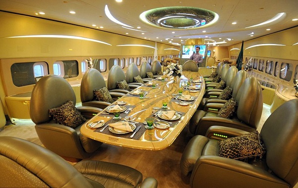 Gold plated interior of one of the most expensive planes, owned by the sultan of Brunei.