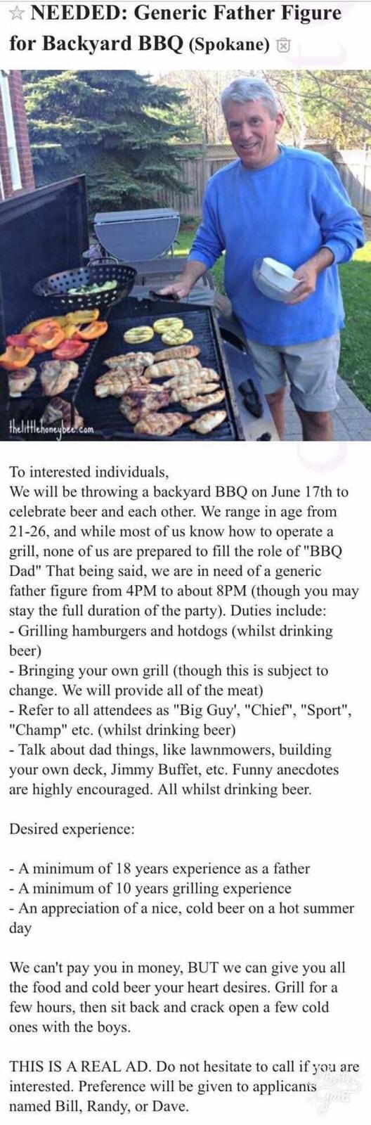NOW HIRING! Generic Father Figure For BBQ