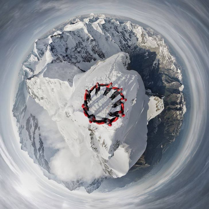 Amazing drone-selfi of climbers on the summit of the Matterhorn