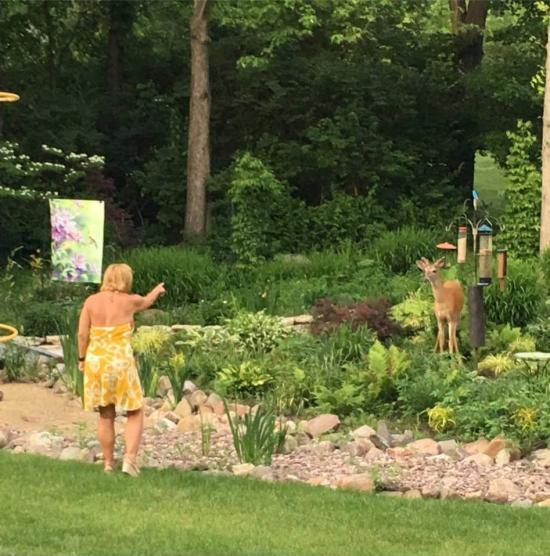 My moms friend scolding the deer for eating out of the bird feeder again.