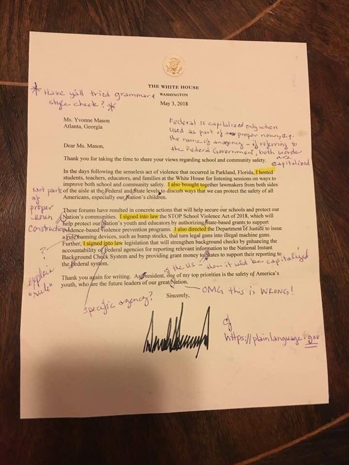 Trump sent a retired teacher a letter about gun policy. She fixed the grammar and sent it back.