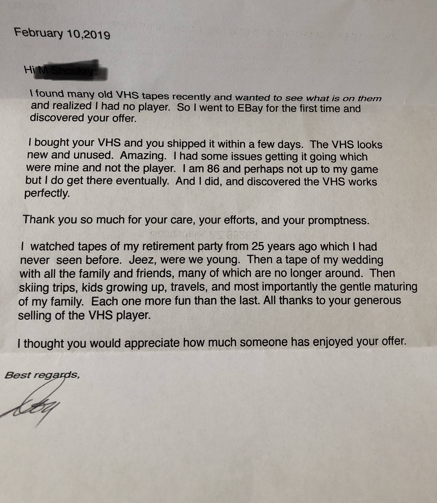 EBay seller receives thank you letter.